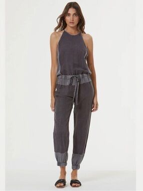 Washed Charcoal Halter Jumpsuit with Tie Waist